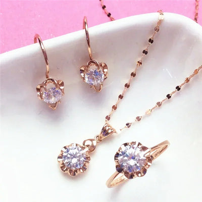 White Shiny Flower Jewelry Set Plated  Rose Gold Earrings for Women Charms Rings Necklace Elegant Light Luxury Necklaces