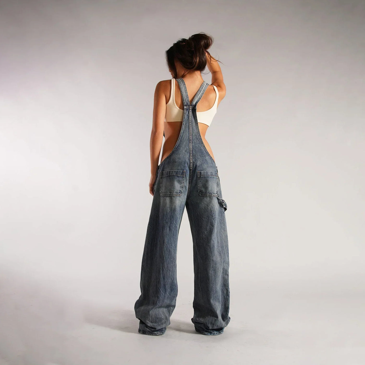 Jumpsuits Women Jeans Overalls Sexy Backless Vintage Full Length Denim Straight Pants Loose Pockets Distressed Washed Casual