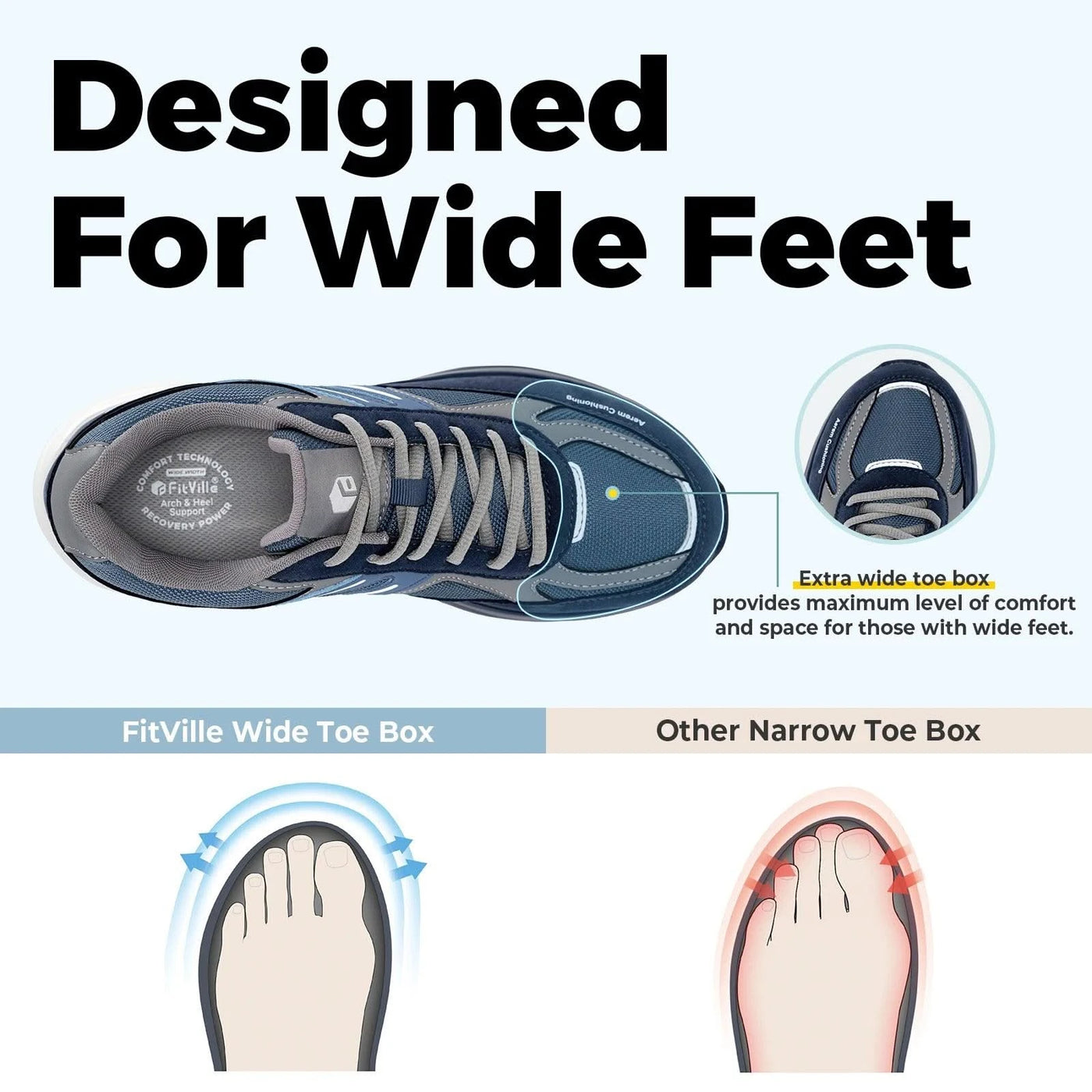 Fitville Extra Wide Walking Shoes for Men Wide Cushioned Sports Shoes For Swollen Feet Flat Feet Arch Fit Relieve Heel Pain