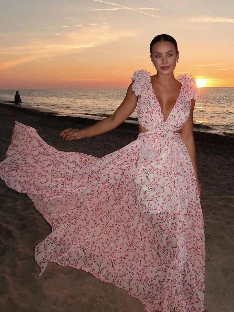 Summer Sleeveless Floral Dress for Women Deep V Neck Flower Print Backless Ruffles Long Dresses Beach Holiday Party Sundress