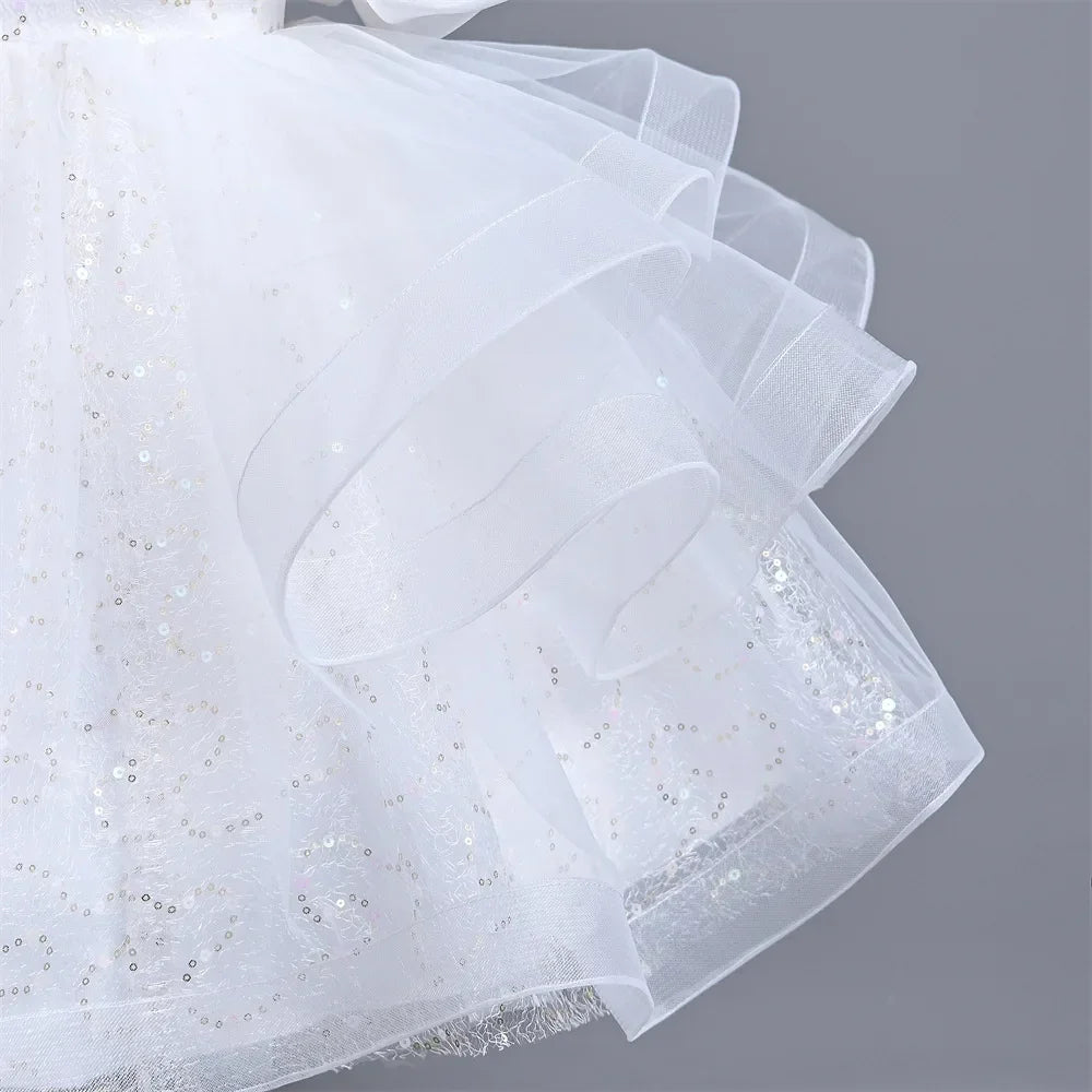 New Girl's Wedding Evening Dress Petal Sequin Mesh Sleeveless Dress Birthday Party School Graduation Party Dress