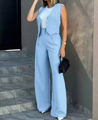 Trousers Suit Women's Vest Trousers Suit Elegant Loose Regular Work Suit High Waist Wide-leg Trousers 2-piece Street Suit