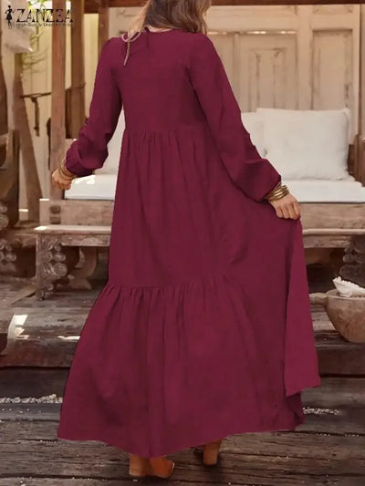Vintage Cotton Linen Long Sleeve Dress Women Casual Autumn Maxi Robe V Neck Tiered Loose Vestido