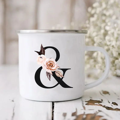 Initial Letter Print Mugs Enamel Creative Coffee Cups Drinks Wine Juice Milk Cup Vintage Home Office Handle Drinkware Best Gifts