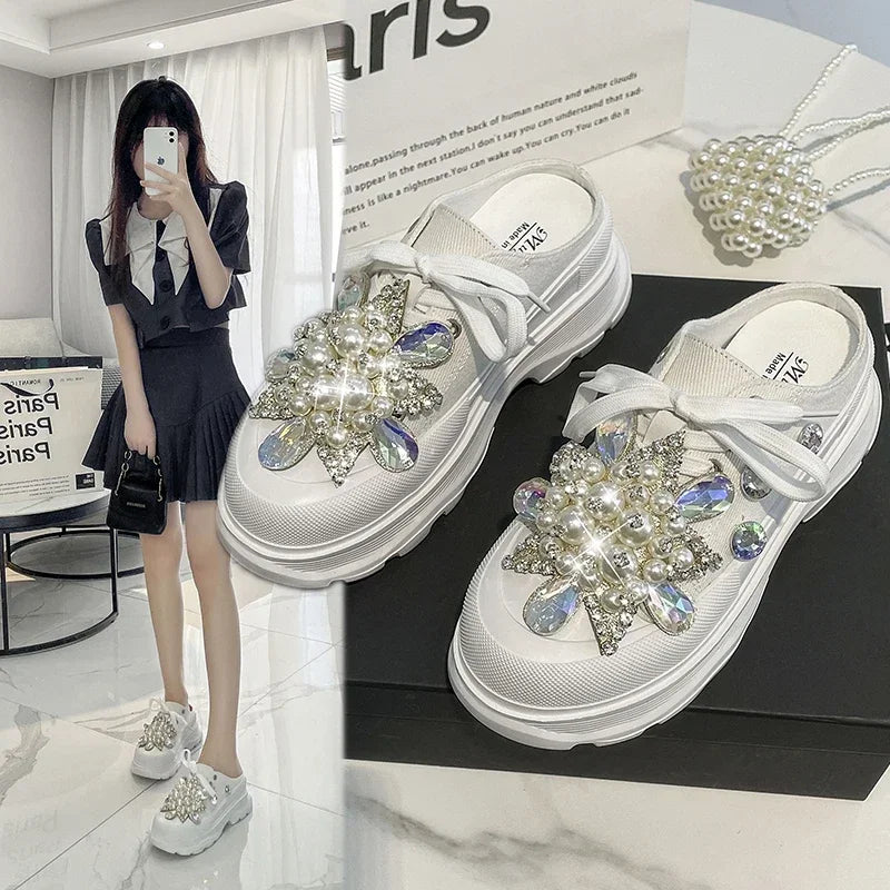 Spring New Women Sneakers Slipper Designer Platform Mules Flat Sandal Sweet Casual Lace Up Pearl Crystal Shallow Ladies Shoes