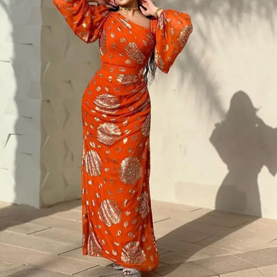 Dubai Morocco Dress for Women Chiffon Ball Gown Vestidos Lantern Sleeve Print Orange Wedding Prom Evening Dress Caftan 2023
