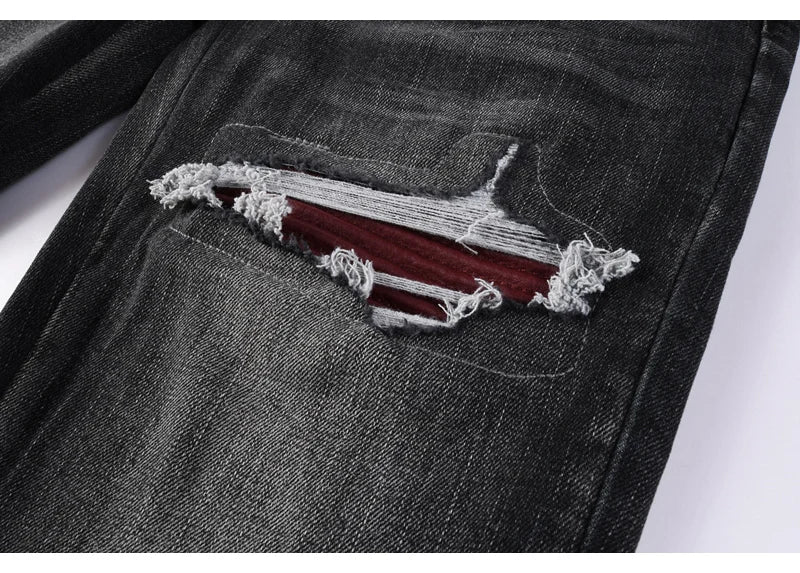 Fashionable new men's jeans with pleats, washed water, nostalgic perforations, red patches, men's black and gray jeans, high str