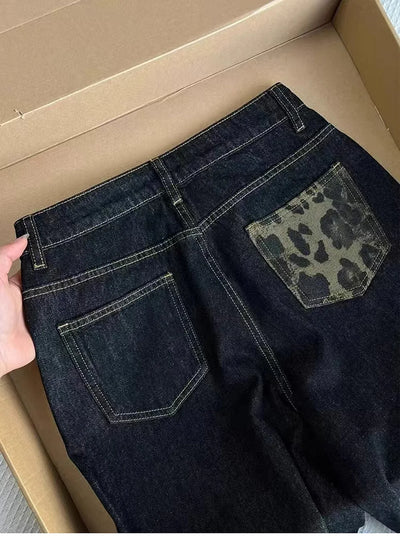 Oversized Wide Leg Pants for Women Spring Autumn Retro High Waist Leopard Print Jeans American Style Straight Loose Denim Pants