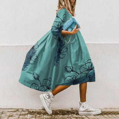 Women's Summer New Mid Sleeve Round Neck Fashionable Printed Bohemian Seven Sleeve Casual Loose Dress For Women