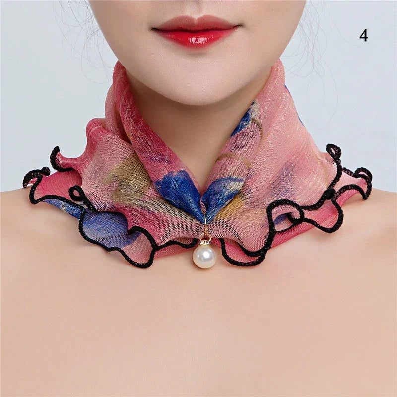 Women Ruffle Lace Scarf Pearl Pendant Chiffon Scarves Shiny Headscarf Thin High Elasticity Neck Wrap Organza Neck Collar Scarf