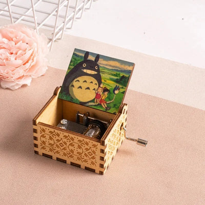 Wooden painted music box, Totoro music gift, ornament, light luxury wooden hand cranked music box