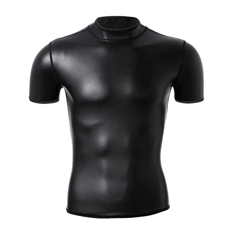 Men Long Sleeve Leather Shirt Tops Slim Underwear Body Shapers Waist Trainer Corsets Tummy Shapewear Leather Shirts Stand Collar