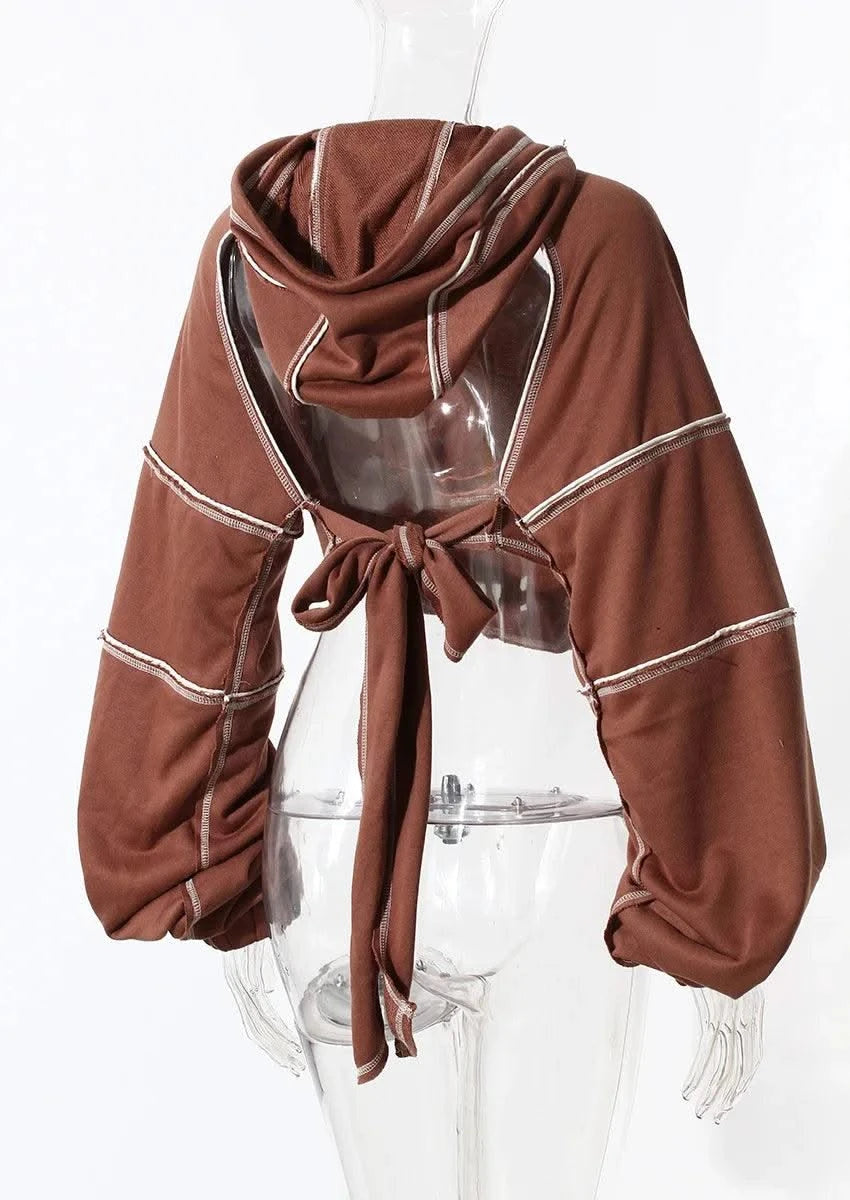 Women Hooded Sweatshirt Color Clashing Bright Line Short Top Ladies Fashion Layering Hoodie Long Sleeved tops New