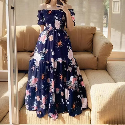 Summer Dresses for Women Print Off Shoulder Broken Flower Open Shoulder Long Dress Streetwear