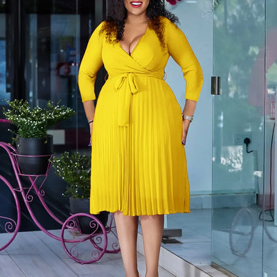 Elegant Office Dresses for Women Professional V Neck Full Sleeve Sashes Pleated Mid Calf Formal Business Work Wear Dress Midi OL