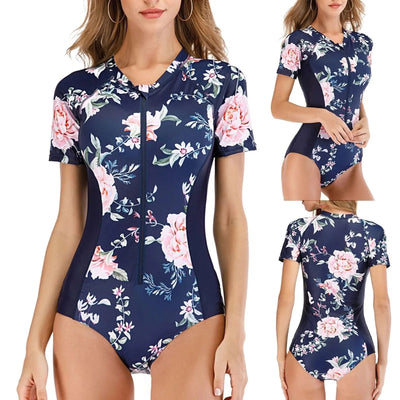 Women's One-piece Fashion Surf Short Sleeve Wetsuit With Chest Pad No Steel Bra Swimsuit Floral Printed Skinny Zipper Swimwear