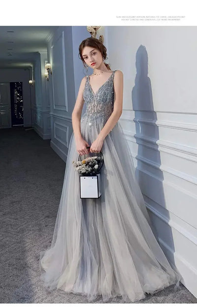 Women's Evening Dresses Sexy V-neck Luxury Formal Party Gown Backless Beads Sequins Tulle Side Split Banquet Evening Dress