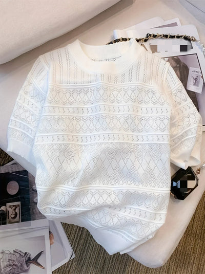 Women's T-Shirts Summer Thin Hollow Out Crew Neck Pullover Sweater Versatile Short Sleeve Knitted Top Women's Clothing