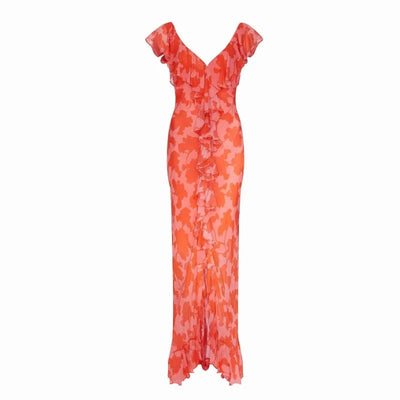 Summer Women Floral Bohemian Dress Elegant Chiffon Sleeveless V Neck Irregualr Slit Long Dress Sexy Slim Ruffle Vacation Dress