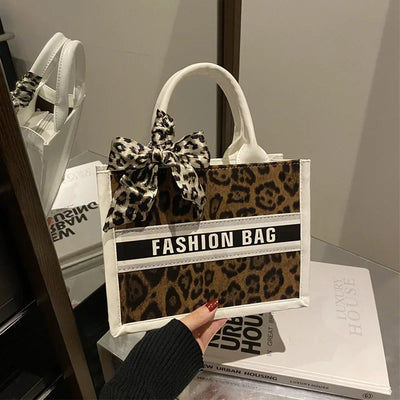 Fashion Leopard Print Top-handle Bags For Women, Bow Ribbon Decoration Designer Handbags Ladies Casual Tote