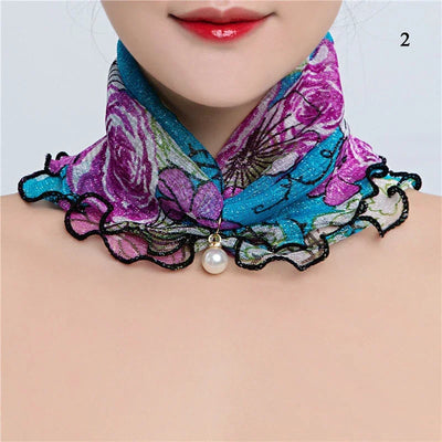 Women Ruffle Lace Scarf Pearl Pendant Chiffon Scarves Shiny Headscarf Thin High Elasticity Neck Wrap Organza Neck Collar Scarf