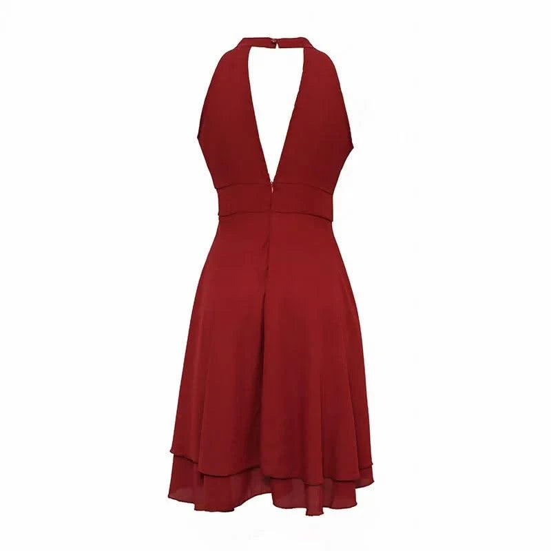 Women Elegant Dress Summer Solid High Waist Halter Sleeveless Midi Dresses Ladies Cropped Layered Chiffon Party Slim Dresses