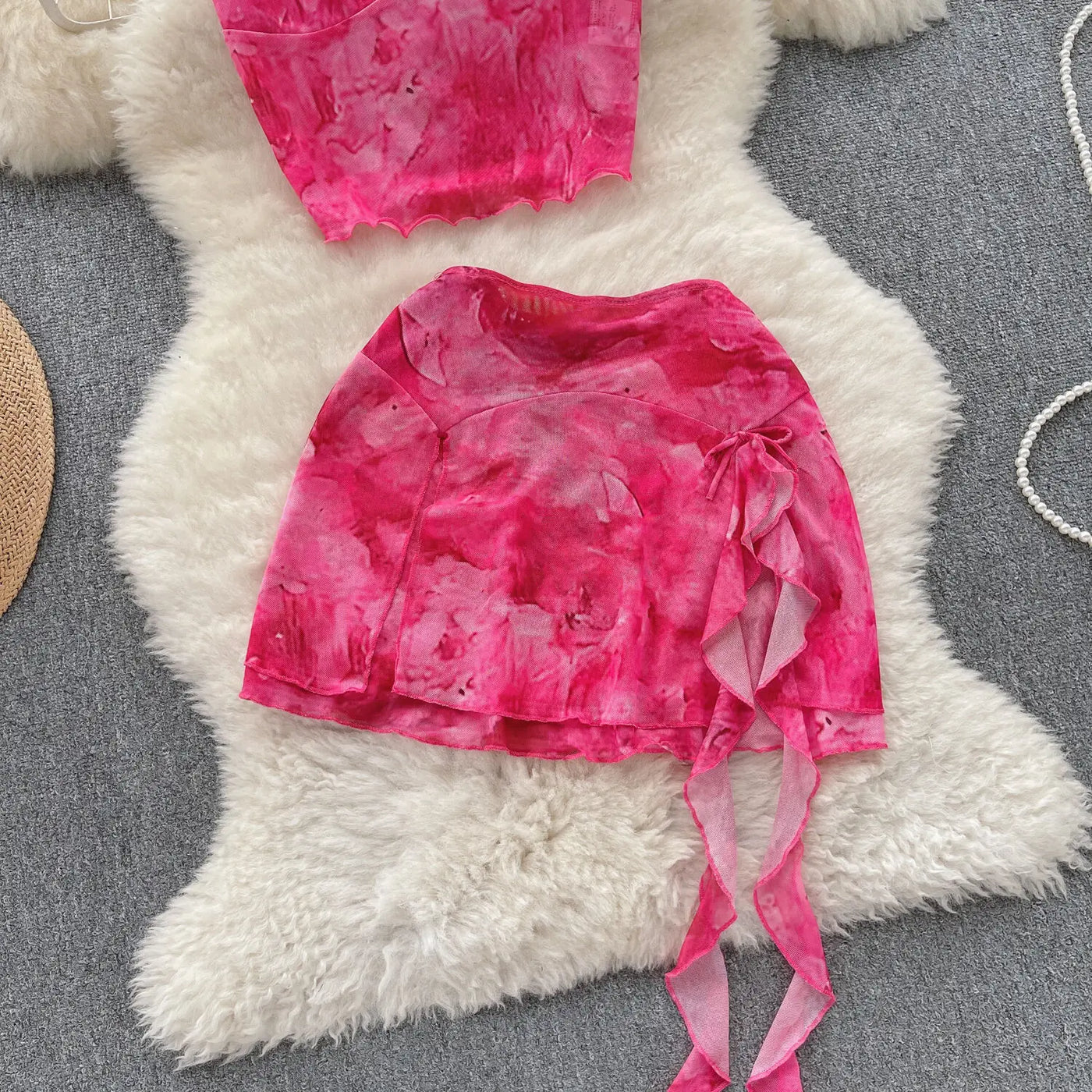 Women's Summer Sexy 2 Pieces Set New Chic Printed Spaghetti Strap Sleeveless Crop Top and Elastic Waist Ruffles Mini Skirt Suits