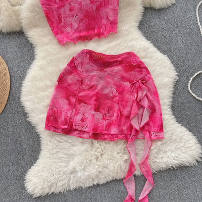 Women's Summer Sexy 2 Pieces Set New Chic Printed Spaghetti Strap Sleeveless Crop Top and Elastic Waist Ruffles Mini Skirt Suits