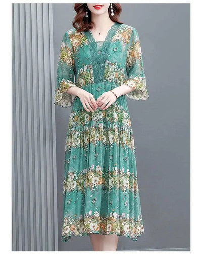 Women's floral print summer dress, new long dress for luxury middle-aged women