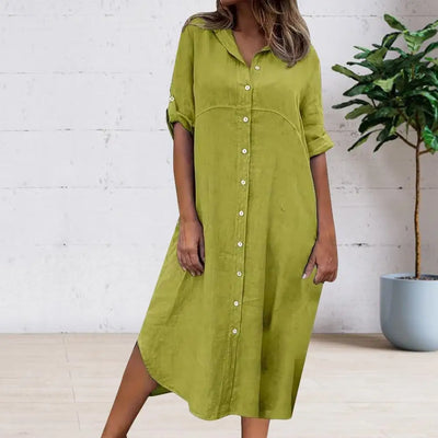 Women Dress Summer Single-breasted Half Sleeves Turn-down Collar Loose Solid Color Buttons Commute Midi Dress Female Vestidos