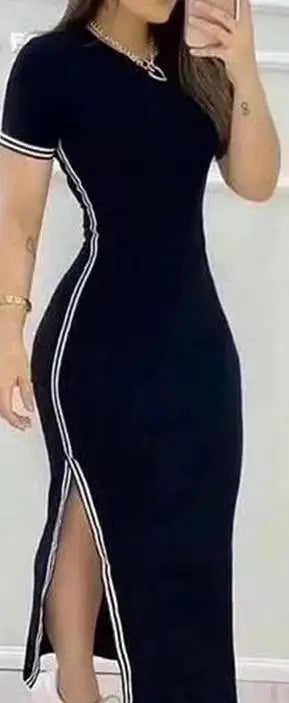 Dresses Women Summer 2024 Elegant Slimming Sexy Rose Printed Side Striped Split High Waist Short Sleeve Casual Midi Long Dresses