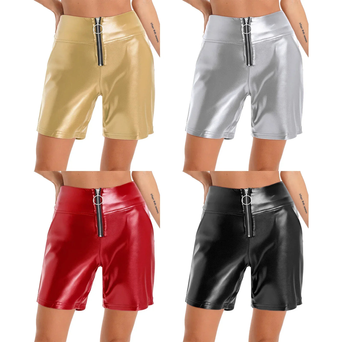 Womens Metallic Shiny Biker Tights Shorts High Waist Front Zipper Pockets Bodycon Short Leggings Motor Riding Dance Shorts