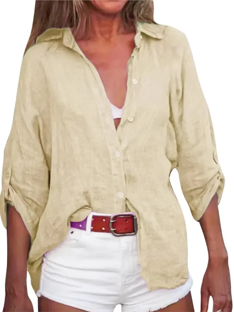 Cotton Linen Shirts & Blouses Women Summer Solid Long Sleeve Buttons Cardigan Office Tops Vintage Streetwear Blusas Clothes