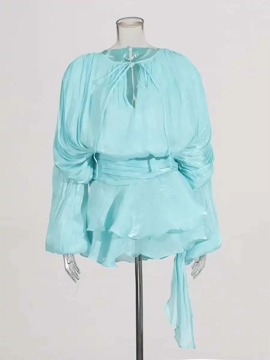 TWOTWINSTYLE Solid Blouse Mini Dresses For Women V Neck Long Sleeve Spliced Lace Up Sweet Style Dress Female Clothing Fashion