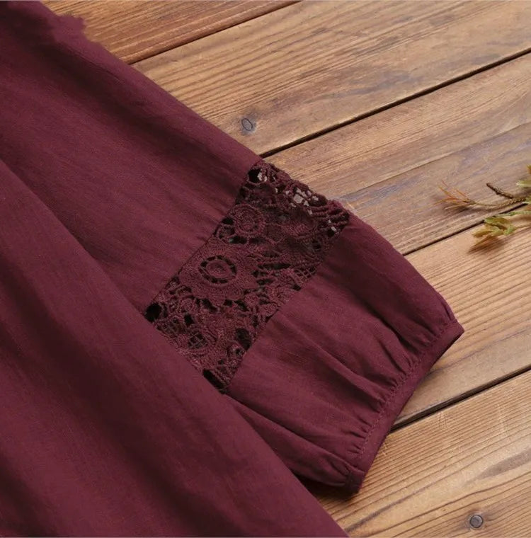 Fashion Women's Solid Lace Top Cotton Linen Casual Top Woman New Summer Blouse Three-Quarter Sleeve Loose Shirt & Blouse Women