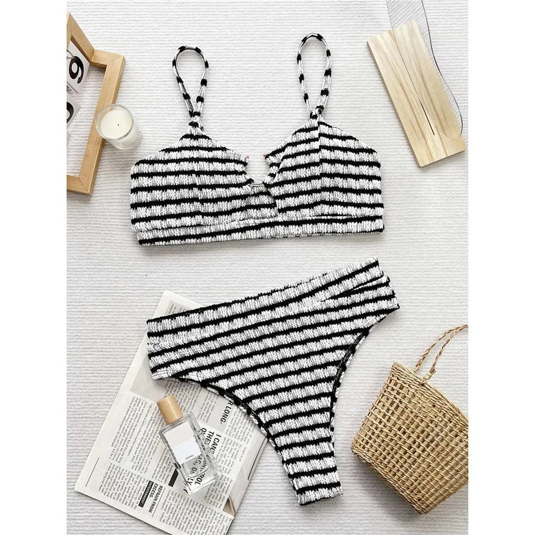 New Black White Striped Cut Out Female Swimsuit High Waist Bikini Women Swimwear Two-pieces Bikini set Bather Bathing Suit V5831