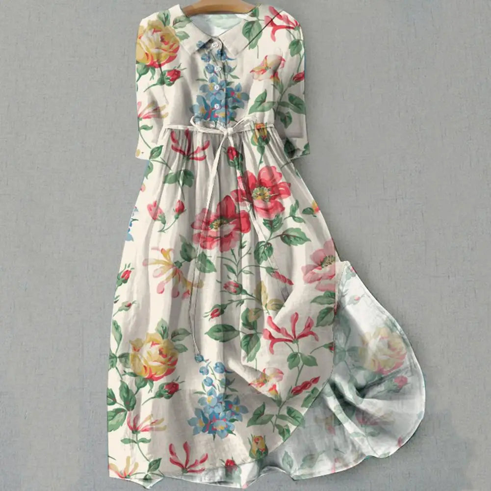 A-line Dress Bohemian Floral Print Midi Dress with Lace-up Detail A-line Silhouette for Women Spring Fashion Statement Women
