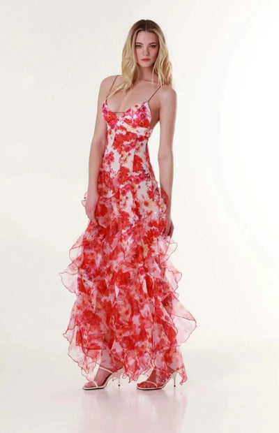 Summer Women Floral Print Party Dress Elegant New Fashion Strap V Neck High Waist Halter Corset Ruffle Evening Long Dress Robe