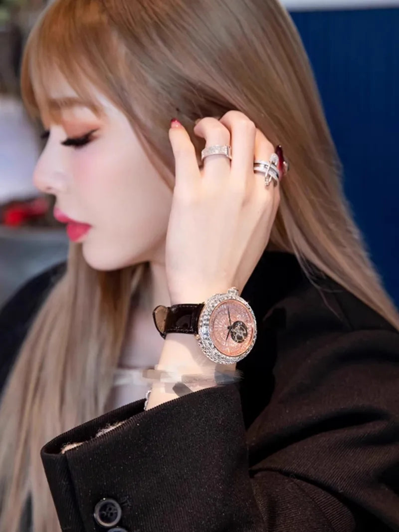 Ladies Fashion Mechanical Watch Designer New Elegant Luxury Diamonds Genuine Leather Strap Needle Buckle Women Fine Wristwatch