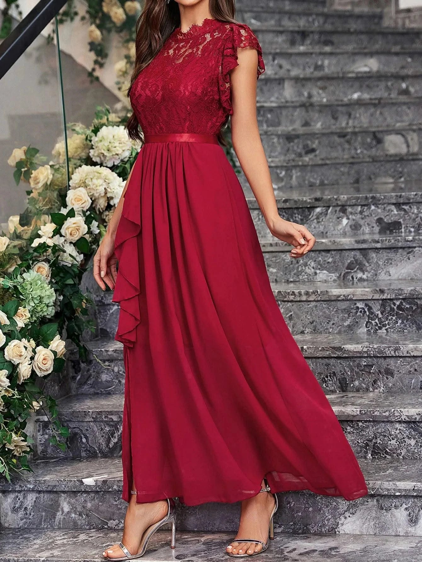 Summer Wedding Guest Dresses For Women Sleeveless Lace Tiered Tulle Classic O-Neck Prom Dress Banquet Party Dress For Any Season