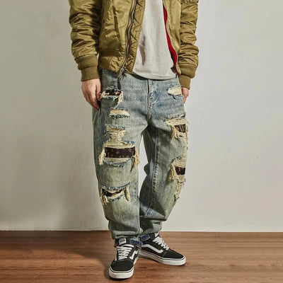 Mens Jeans Ripped Casual Pants Autumn Fashion Retro Streetwear Youth Campus Trend Wide Leg Straight Pants Men'S Clothing 2024