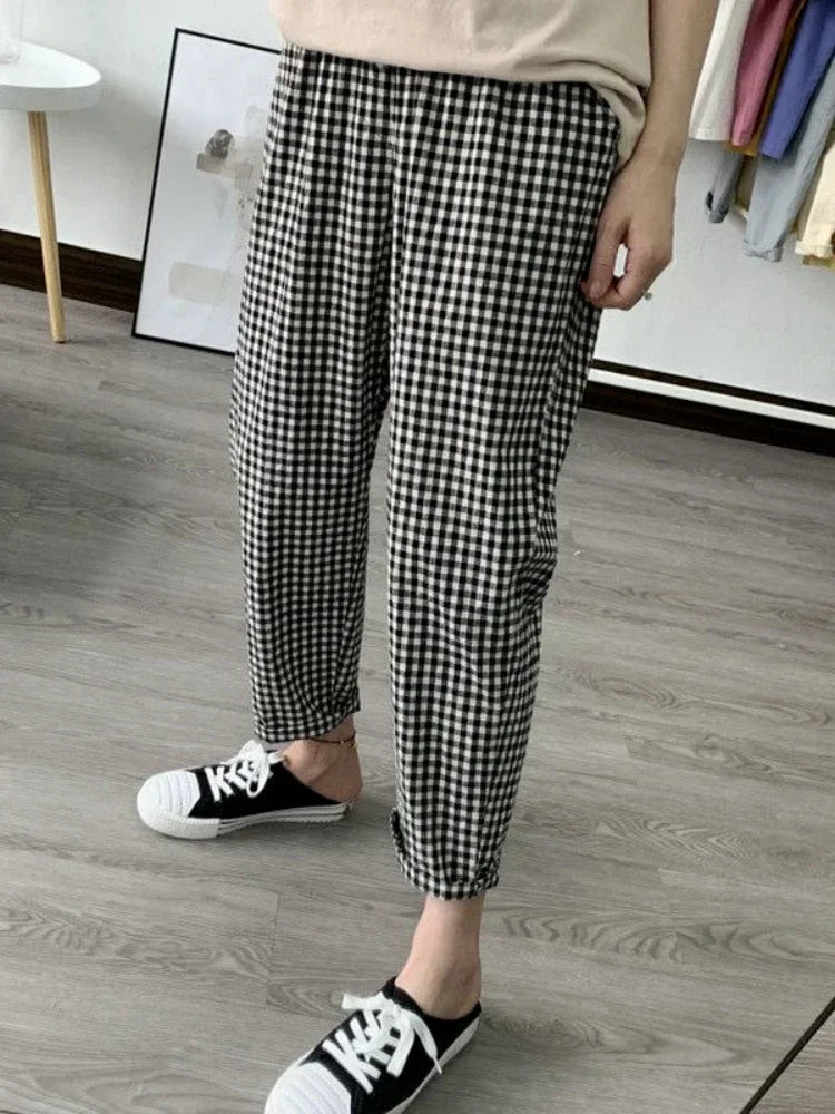 Fashion Printed Cotton Linen Harem Pants for Women 2025 Summer Casual High Waist Calf-Length Loose Trousers Female Streetwear