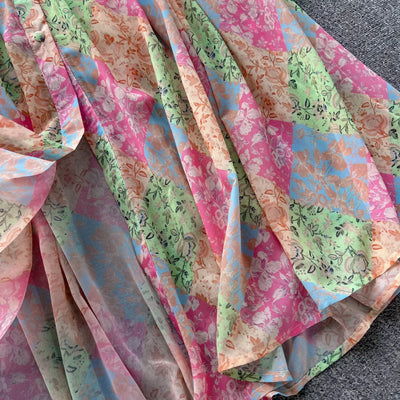 Long Dress Women Dresses A Line Chiffon Vestidos Stand Collar Streetwear Floral Print Elegant Splice Y2k Party Night High Waist