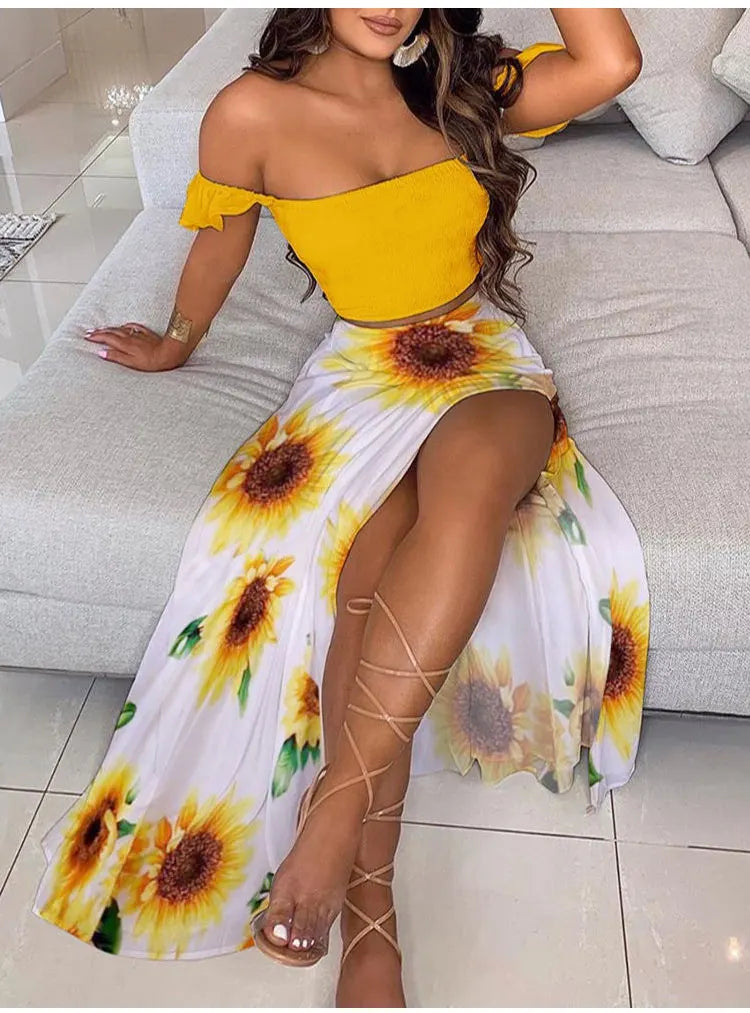 Summer Fashion Sets For Women 2 Pieces Solid Pleated Tops & Floral Print High Waist Midi Skirt Female Chic Lady Long Skirts Set