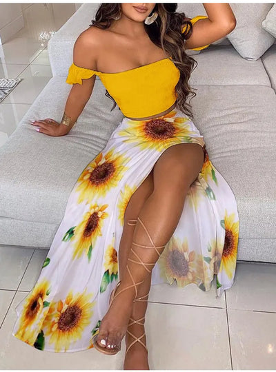 Summer Fashion Sets For Women 2 Pieces Solid Pleated Tops & Floral Print High Waist Midi Skirt Female Chic Lady Long Skirts Set