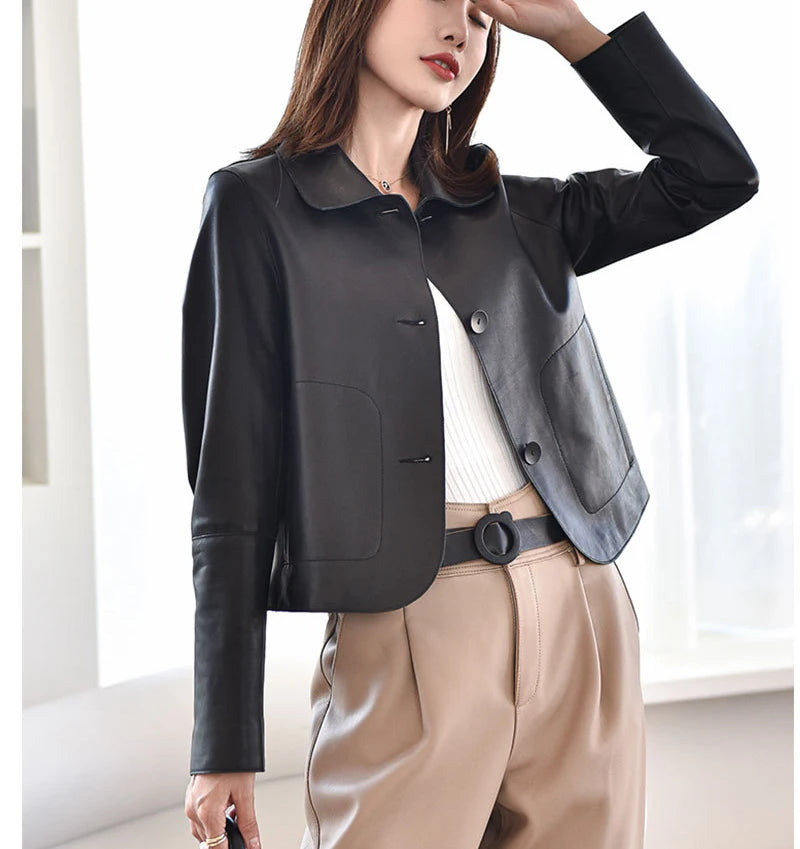 Women's Sheepskin Short Tops Harajuku Fashion Jassen Dames Slim Jaqueta De Couro Legítimo Square Collar Trendy Streetwear Coat