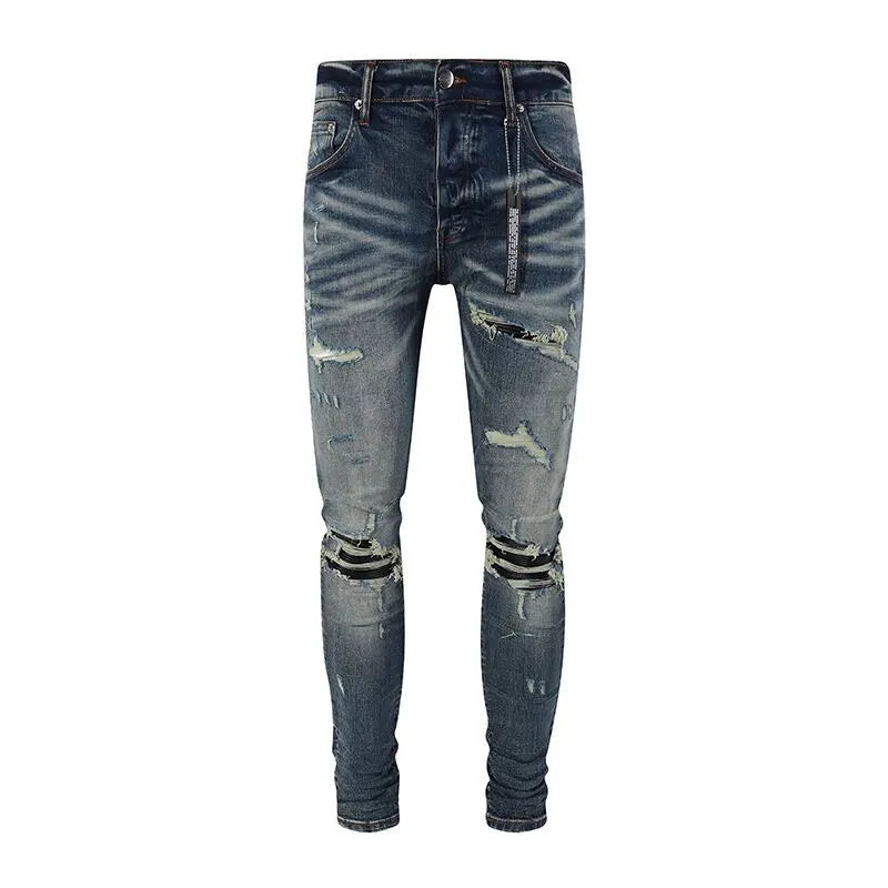 Fashionable new men's jeans with pleated elastic slim fit, retro washed blue jeans, high street designer hip-hop brand pants, ho