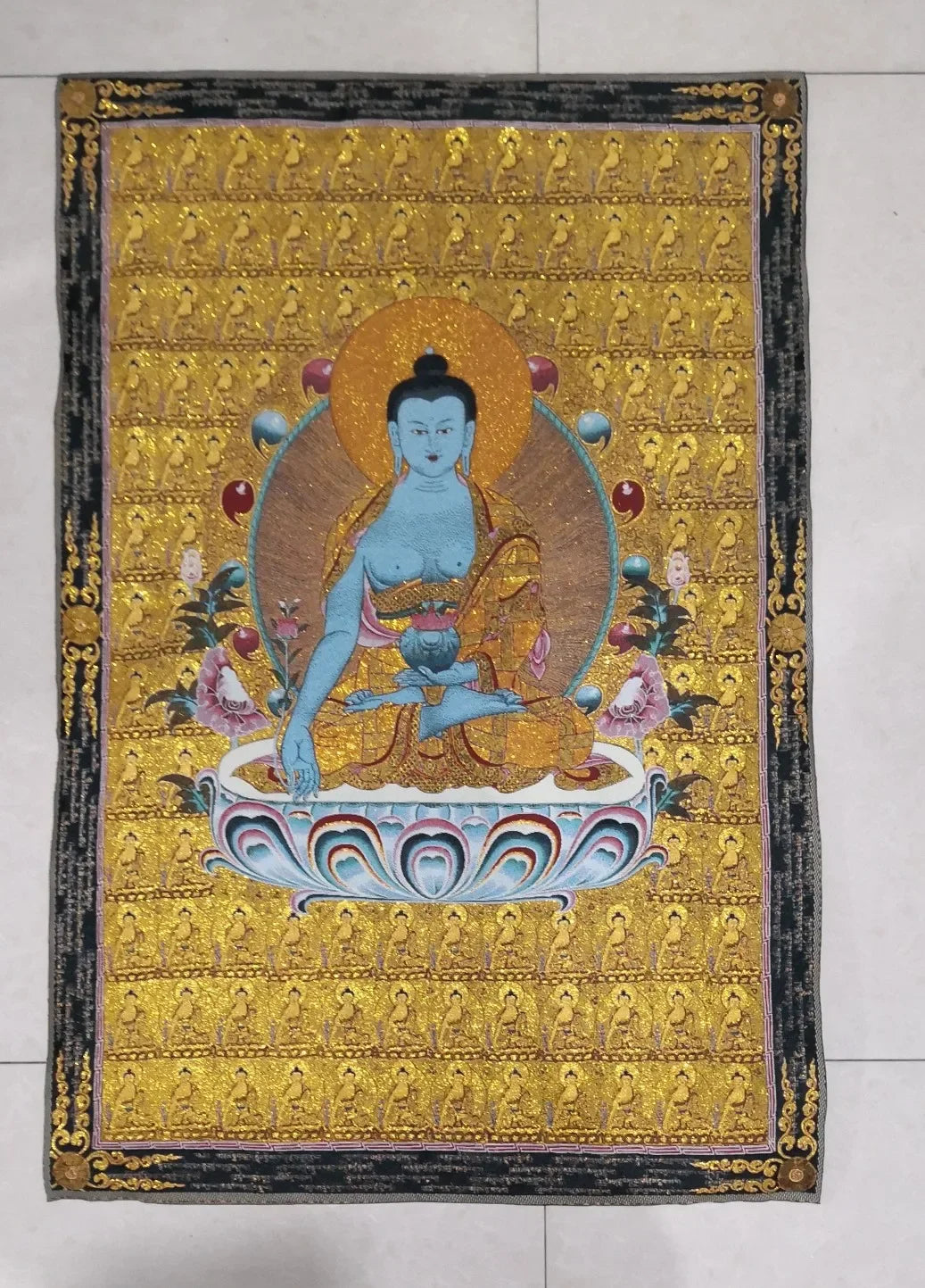Tibetan Buddhism Medicine Buddha Portrait Chinese Tangka Embroidery Decoration Hanging Painting