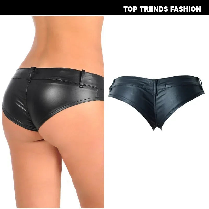 Womens Shorts Nightclub Sexy Low Waisted Elastic Denim PU Faux Leather Button Up Zippered Hot Pants for Women