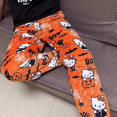 Thicken Hello Kitty Pajama Pants Sanrio Anime Fleece Double Elastic Fabric Soft Trousers Women Trousers Cartoon Birthday Gift
